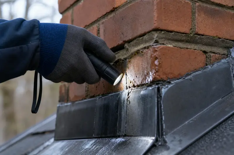 A flashlight tracing a leak path at chimney flashing, seen up close; illustrative image