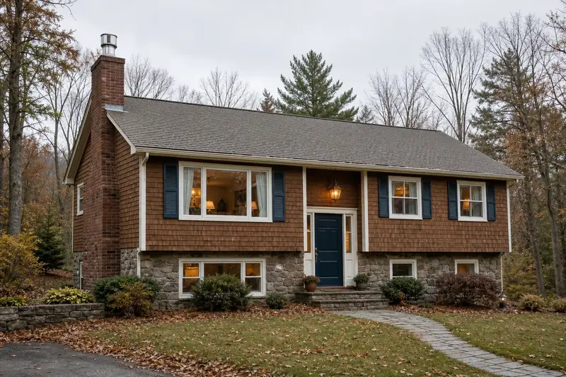 A 1970s split-level house with a tall brick chimney on a steep gable roof fitted with a stainless steel liner cap; illustrative image