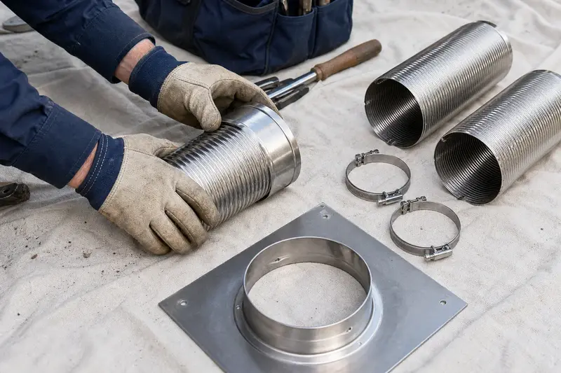 Sections of stainless steel flue liner, clamps and a top plate arranged on a canvas tarp; illustrative image
