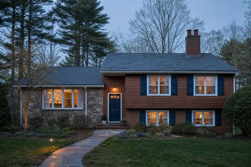 A 1970s split-level house with a two-flue brick chimney on a slate roof and neat, even mortar joints; illustrative image