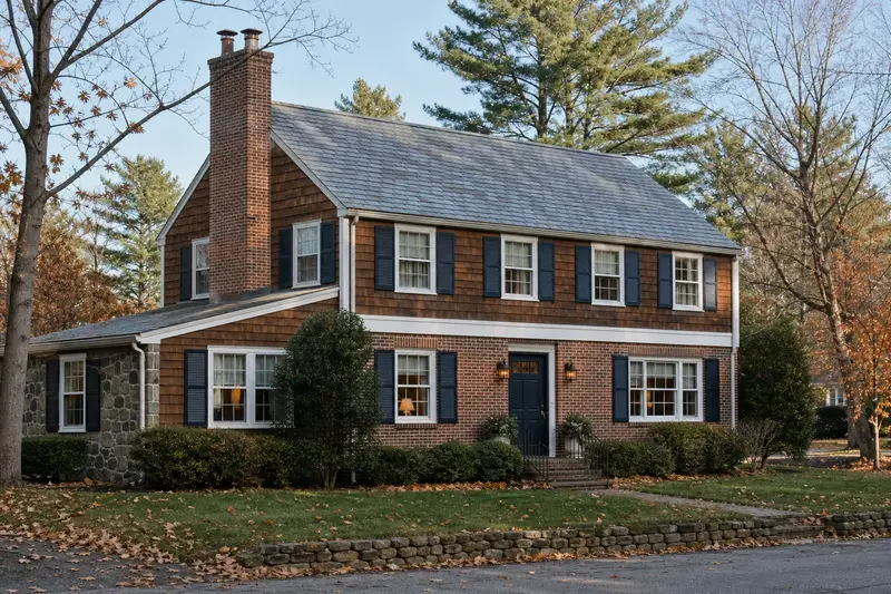 A 1970s two-story suburban house with a two-flue brick chimney on a slate roof and neat mortar joints; illustrative image