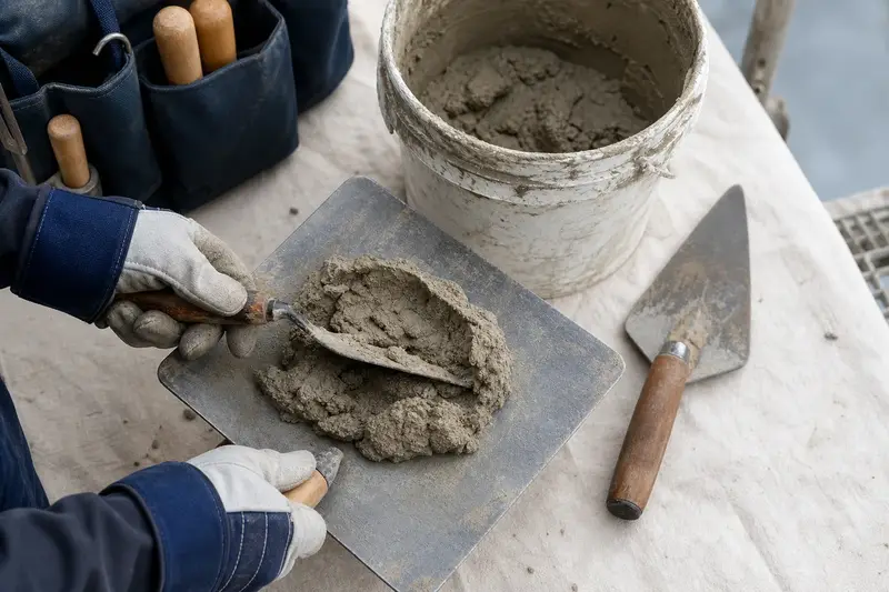 A mortar hawk, trowels and a bucket of mixed mortar set on a roof work platform; illustrative image