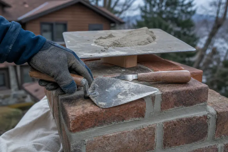 A mortar hawk, pointing trowel and jointer resting on sound brick at a chimney shoulder; illustrative image