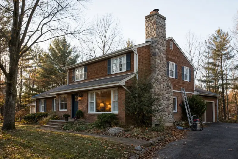 A 1970s two-story suburban house with a stone masonry chimney and warm lamp-lit windows; illustrative image