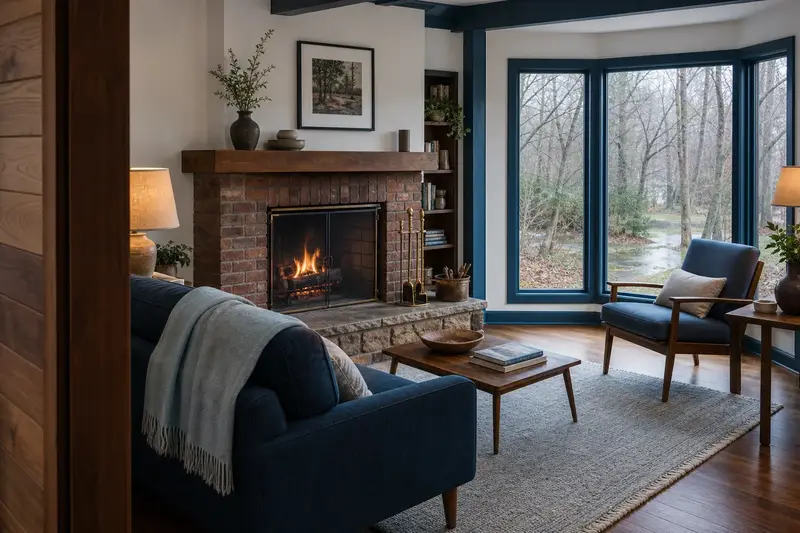 A restored hearth room with an open masonry wood-burning fireplace, a clean hearth and brass fireplace tools; illustrative image