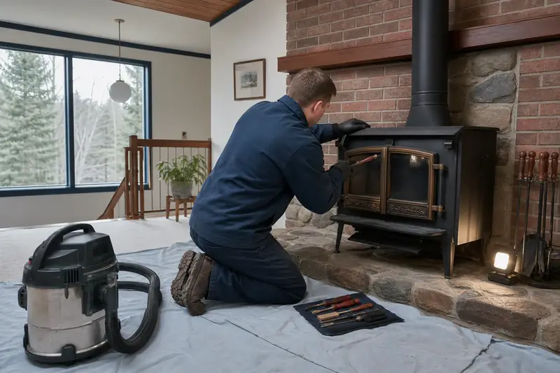 A technician adjusting the glass doors of a cast-iron wood stove on a stone hearth pad with a hand tool, the fireplace unlit; illustrative image