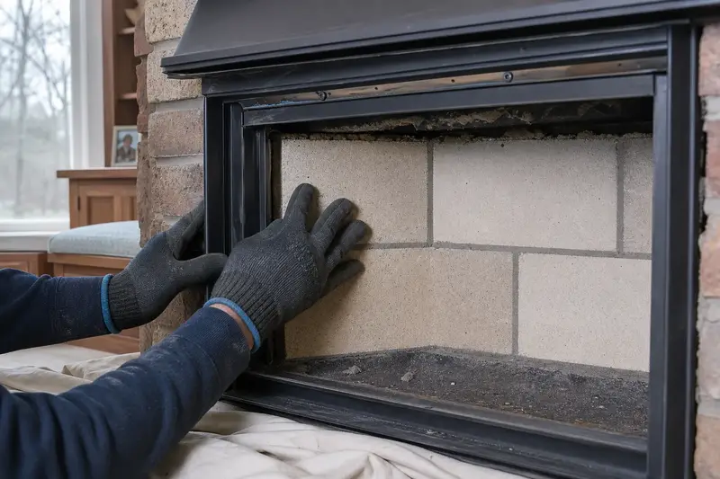 New firebrick and refractory mortar in the back wall of a wood-burning insert in a brick opening, seen up close; illustrative image