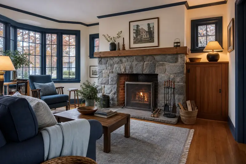 A calm sitting room with an open masonry wood-burning fireplace, a clear hearth and fireplace tools on a stand, no one present; illustrative image