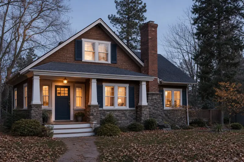 A 1940s Craftsman house with a stone masonry chimney of even red brick; illustrative image