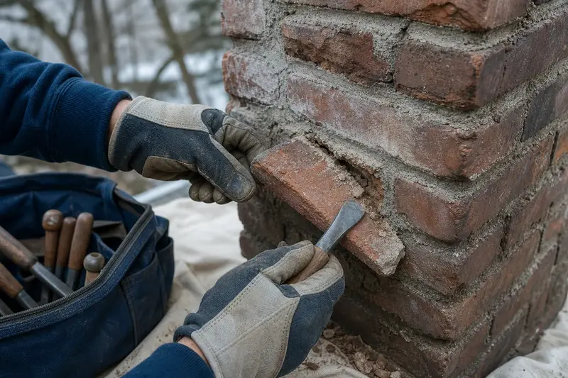 Gloved hands lifting a loose spalled brick face with a small chisel; illustrative image