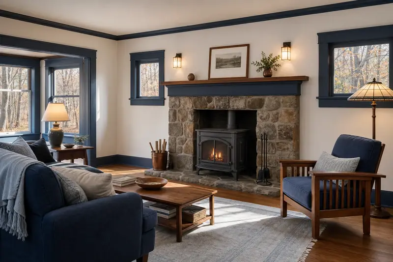A living room with a cast-iron wood stove on a stone hearth pad and a small fire behind a screen, no one present; illustrative image