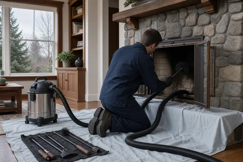 A technician kneeling at a factory-built wood-burning fireplace with a stone facing with a sealed vacuum and drop cloths, the fireplace cold and unlit; illustrative image