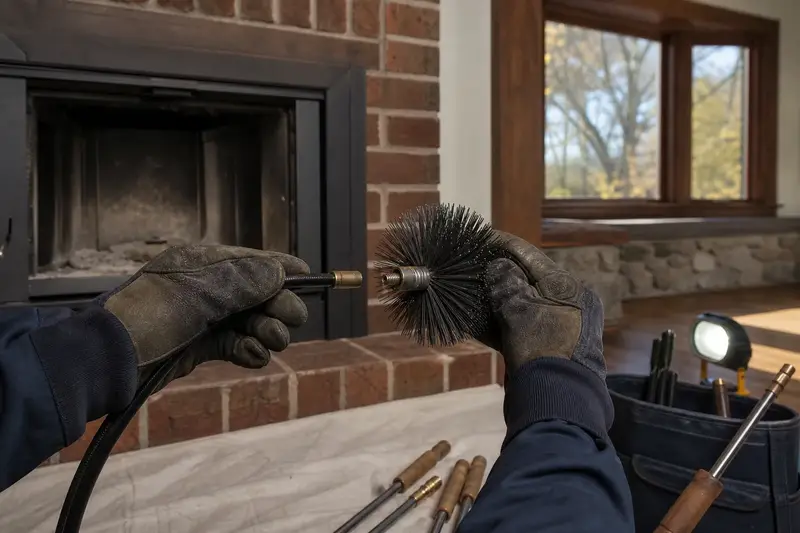Gloved hands fitting a round wire brush onto a flexible rod at the hearth of a wood-burning insert in a brick opening; illustrative image