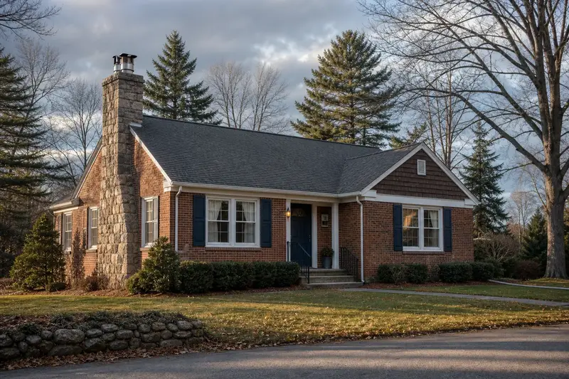 A 1940s brick bungalow with a stone masonry chimney and a stainless steel cap; illustrative image