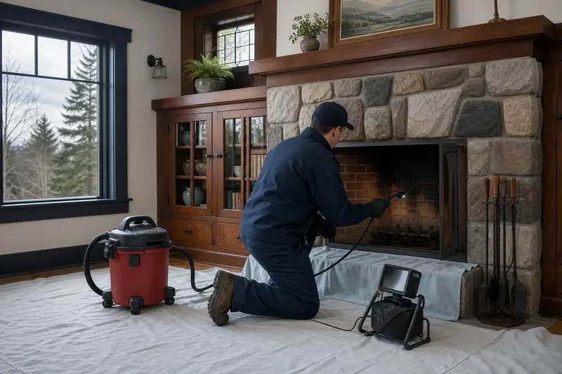 A technician guiding an inspection camera into the firebox of a factory-built wood-burning fireplace with a stone facing, the fireplace cold and unlit; illustrative image