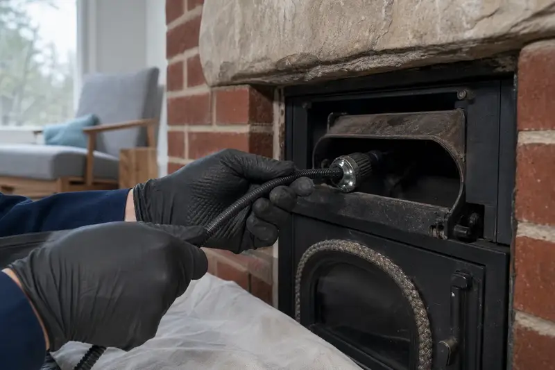 An inspection camera head on a flexible cable at the damper opening of a wood-burning insert in a brick opening; illustrative image