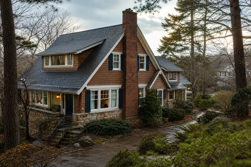 A 1940s Craftsman house after a cold rain with a tall brick chimney on a steep gable roof, wet roofs and clear gutters; illustrative image