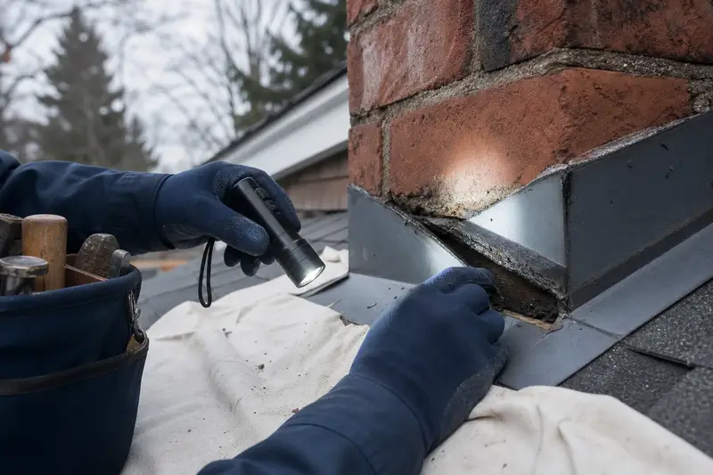 A flashlight tracing a leak path at chimney flashing, seen up close; illustrative image