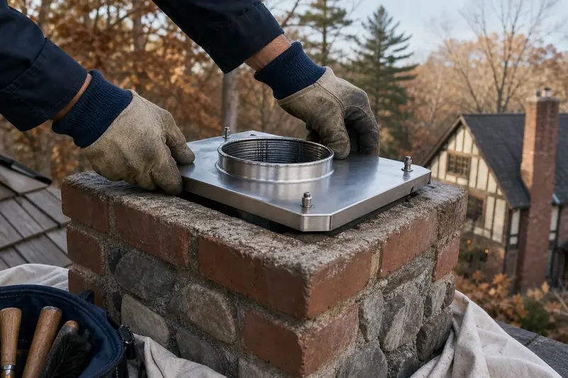 Gloved hands fitting a stainless steel liner top plate at a flue opening; illustrative image