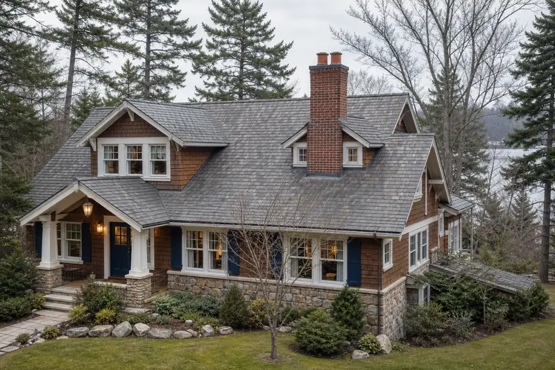 A 1940s Craftsman house with a two-flue brick chimney on a slate roof and neat mortar joints; illustrative image