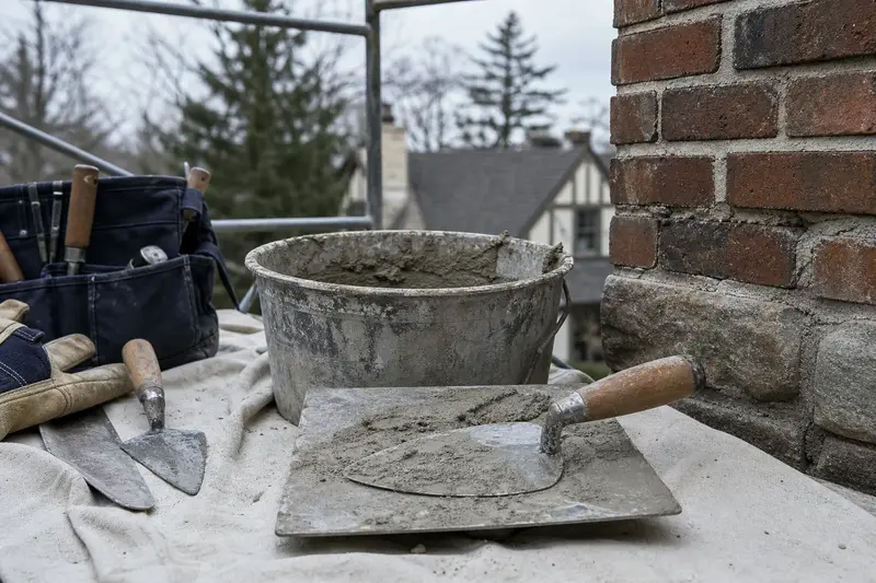 A mortar hawk, trowels and a bucket of mixed mortar set on a roof work platform; illustrative image