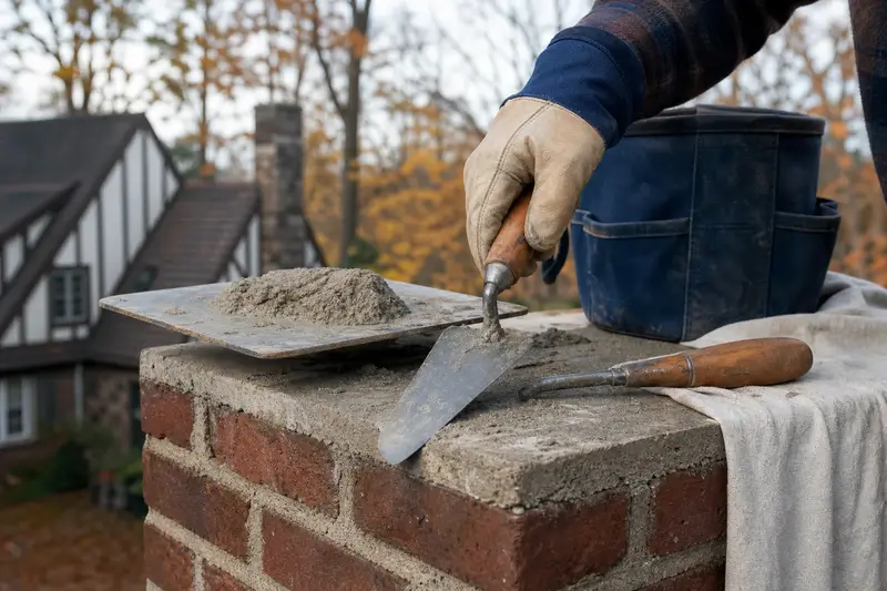 A mortar hawk, pointing trowel and jointer resting on sound brick at a chimney shoulder; illustrative image