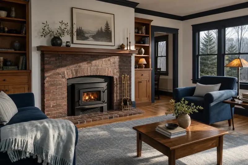 A restored hearth room with a wood-burning insert in a brick opening, a clean hearth and brass fireplace tools; illustrative image