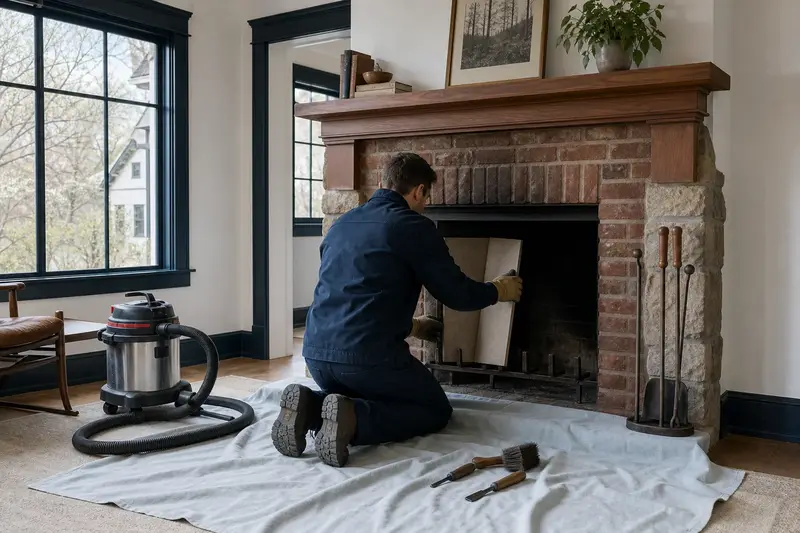 A technician fitting a refractory panel into the firebox of an open masonry wood-burning fireplace, the fireplace cold and unlit; illustrative image