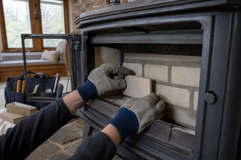New firebrick and refractory mortar in the back wall of a cast-iron wood stove on a stone hearth pad, seen up close; illustrative image