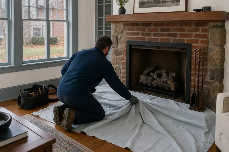 A technician laying drop cloths before servicing a vented gas log set in a masonry firebox, the fireplace cold; illustrative image