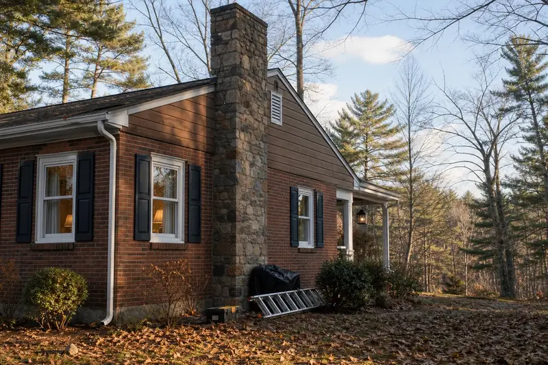 A 1950s brick bungalow with a stone masonry chimney of even red brick; illustrative image