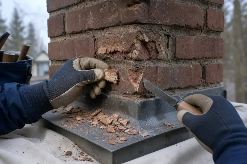 Spalled brick faces on a chimney with flakes resting on the flashing, seen up close; illustrative image