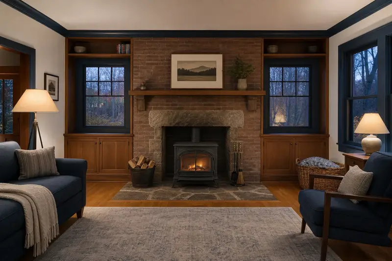 A living room with a cast-iron wood stove on a stone hearth pad and a small fire behind a screen, no one present; illustrative image