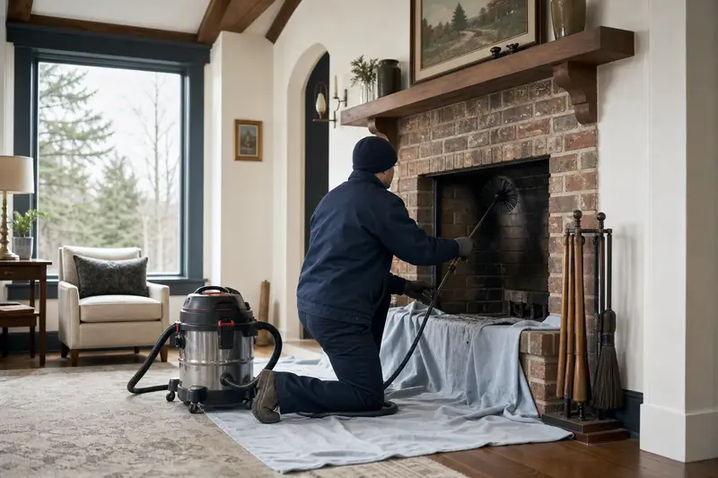 A technician feeding a rotary chimney brush up the flue of an open masonry wood-burning fireplace, drop cloths and a sealed vacuum on the hearth; illustrative image