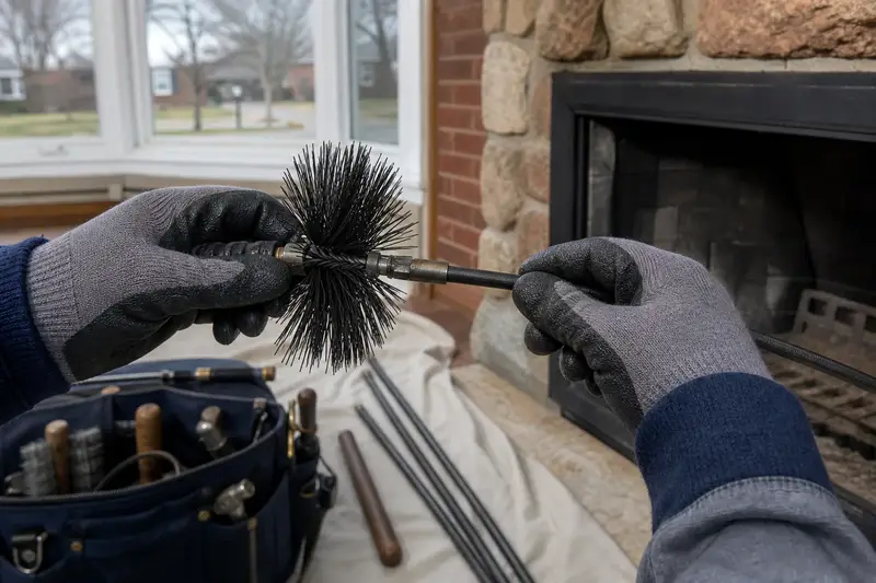 Gloved hands fitting a round wire brush onto a flexible rod at the hearth of a factory-built wood-burning fireplace with a stone facing; illustrative image