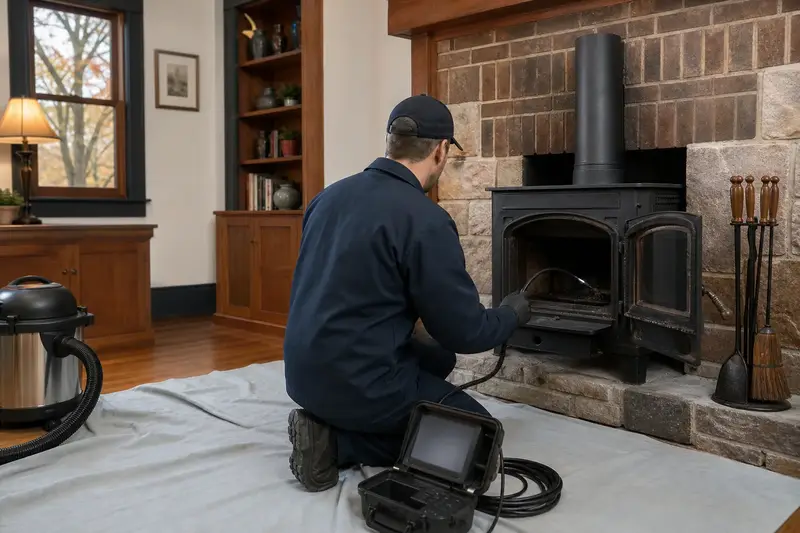 A technician guiding an inspection camera into the firebox of a cast-iron wood stove on a stone hearth pad, the fireplace cold and unlit; illustrative image