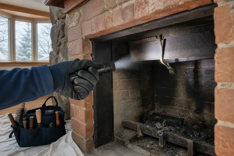 A flashlight beam across the smoke chamber and damper of an open masonry wood-burning fireplace, a gloved hand holding the light; illustrative image