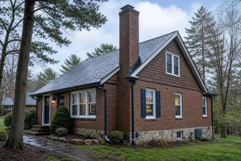 A 1950s brick bungalow after a cold rain with a tall brick chimney on a steep gable roof, wet roofs and clear gutters; illustrative image