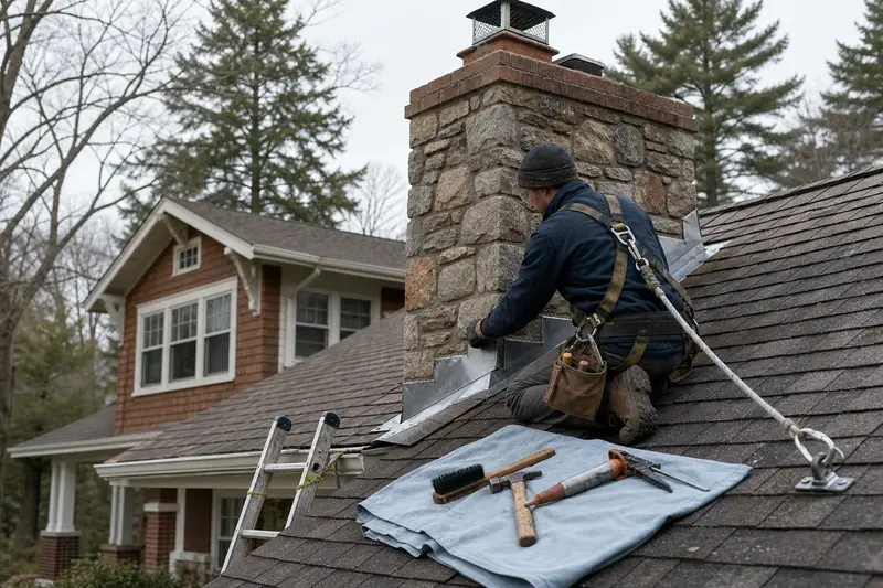A harnessed technician checking the step flashing where a stone masonry chimney meets the roof; illustrative image