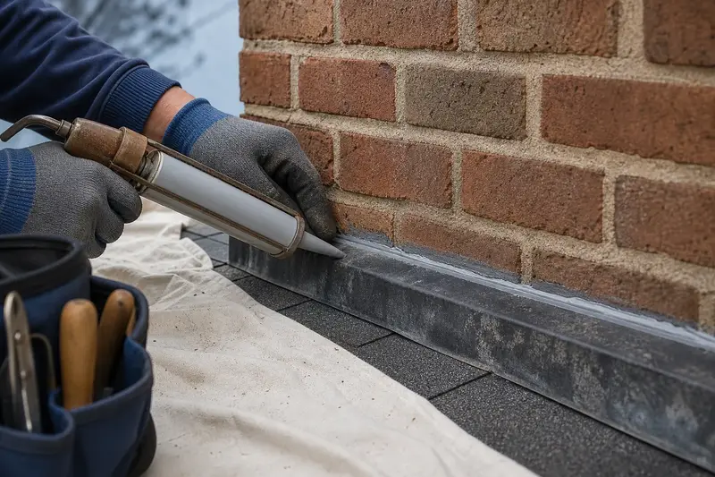 Gloved hands resealing the counter-flashing joint at the base of a brick chimney; illustrative image