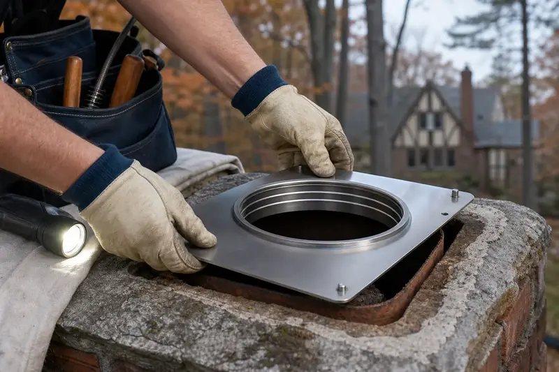 Gloved hands fitting a stainless steel liner top plate at a flue opening; illustrative image