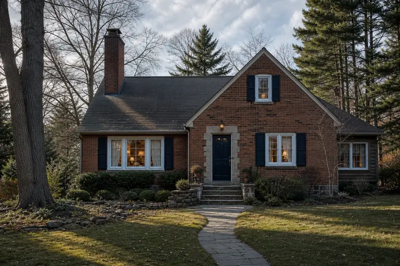 A 1950s brick bungalow with a tall brick chimney on a steep gable roof rising above the roof; illustrative image