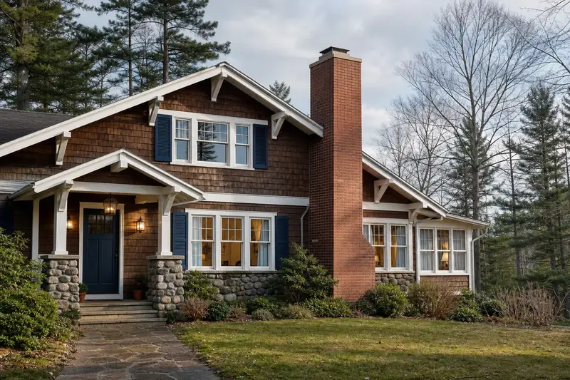 A 1950s Craftsman house with a red brick chimney with a concrete crown and neat mortar joints; illustrative image