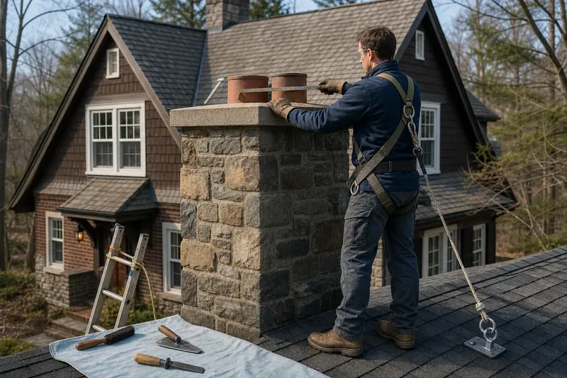 A harnessed mason measuring the crown of a stone masonry chimney with a folding rule; illustrative image