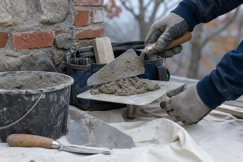 A mortar hawk, trowels and a bucket of mixed mortar set on a roof work platform; illustrative image