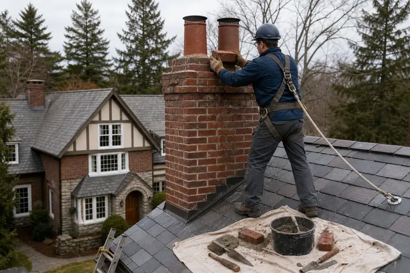 A harnessed mason setting a replacement brick near the top of a two-flue brick chimney on a slate roof; illustrative image