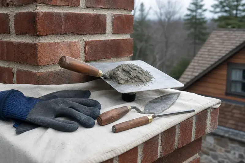 A mortar hawk, pointing trowel and jointer resting on sound brick at a chimney shoulder; illustrative image