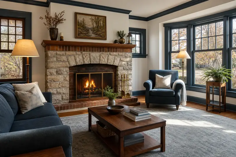 A restored hearth room with an open masonry wood-burning fireplace, a clean hearth and brass fireplace tools; illustrative image