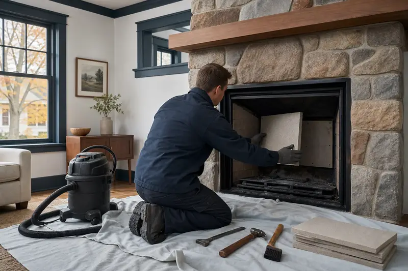 A technician fitting a refractory panel into the firebox of a factory-built wood-burning fireplace with a stone facing, the fireplace cold and unlit; illustrative image