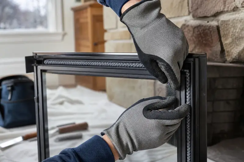 Gloved hands fitting new gasket rope along a fireplace door frame; illustrative image